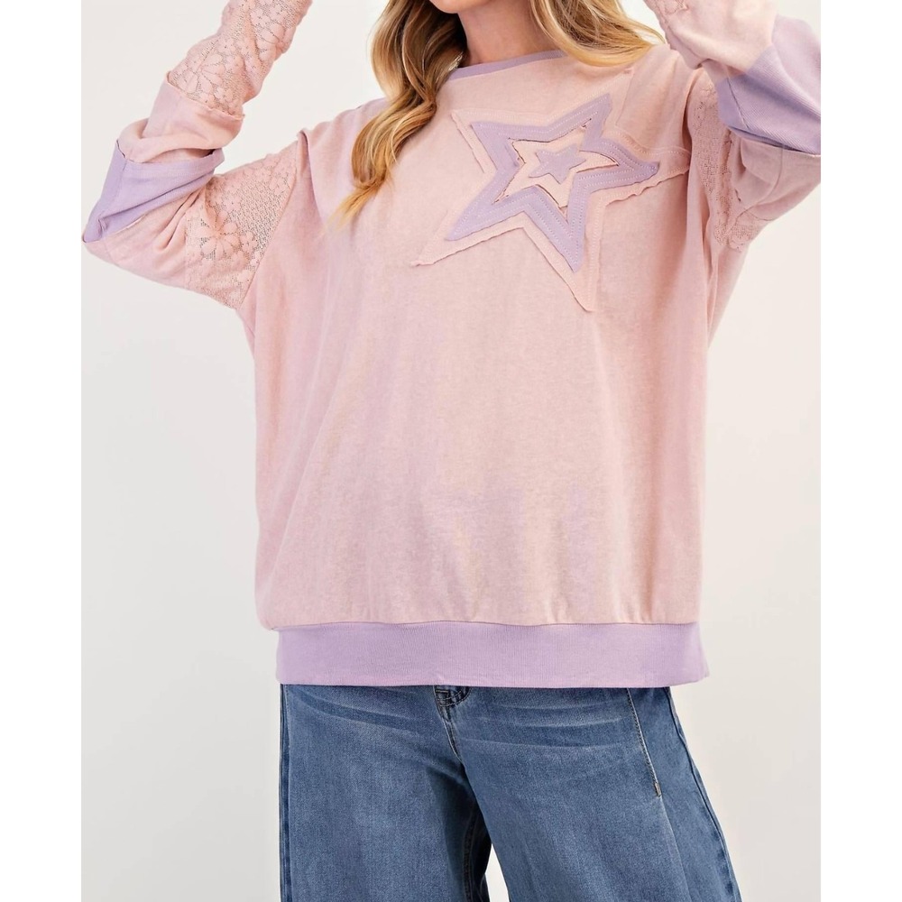 Easel Boho Star Patchwork Pullover With Lace NWT Small